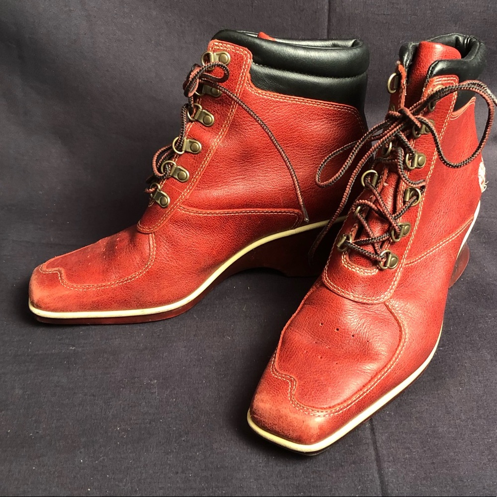 Timberland red and black wedge heel boots